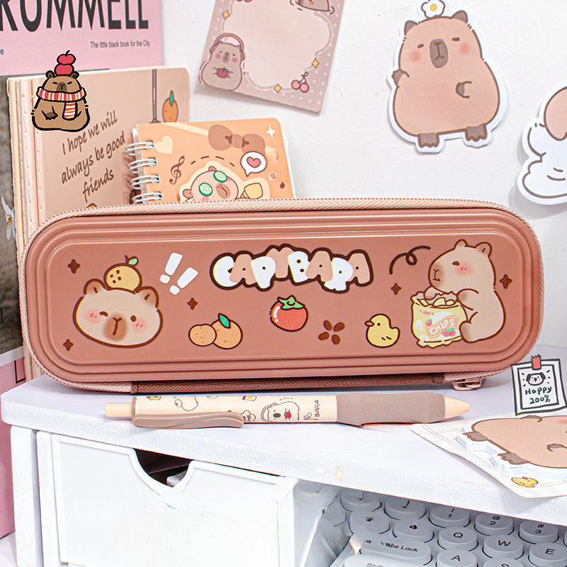 Cartoon Kapibara Single Layer Pencil Case - dark coffee image